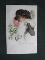 Képeslap,Harrison Fisher grafika,művészet,lány,hőlgy,kalapos női modell,korhű ruházat,divat,1915-