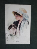 Képeslap,Harrison Fisher grafika,művészet,lány,hőlgy,kalapos női modell,korhű ruházat,divat,1915-