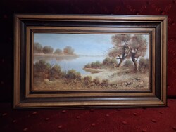 Csáky Lajos : Tiszai ősz - festmény ( olaj, farost ) 77x47 cm