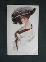 Képeslap,Harrison Fisher grafika,művészet,lány,hőlgy,kalapos női modell,korhű ruházat,divat,1915-