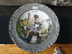 Seltmann Veiden Bavaria német porcelán, jelenetes falitányér, zinn szegéllyel. Vanneki!