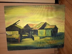 "Kék-sárga áttörhetetlen határ", "Maris" szignós festmény, olaj, farost, 60x80 cm