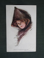 Képeslap,Harrison Fisher grafika,művészet,lány,hőlgy,kalapos női modell,korhű ruházat,divat,1912-