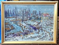 Uhrig Zsigmond: Patakparton (olaj-vászon, 80x60 cm + keret) Falusi táj, házak, téli vízparti tájkép