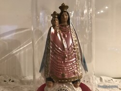 SZOBOR + ÜVEGBÚRA - MADONNA - MARIAZELL - PORCELÁN - 15 x 8,5 cm - ÜVEG - FA  - 20 x 11 cm