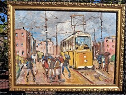 Budapest 6-os villamos tájkép olaj karton 33x45 antik aranyos képkeret külm: 38x50 cm B á n f i