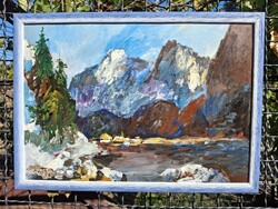 Tátra tájkép olaj karton 35x50 cm olasz kék bicolor képkeret külméret 39x54 cm B á n f i