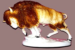 Gyönyörű nagy méretű német Fasold & Stauch porcelán amerikai bölény figura 27x18 cm HIBÁTLAN