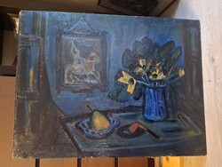 D.Borbély Gizella(1920-1994),"Csendélet körtével", Képcsarnok 1982, festmény, olaj, farost, 60x80 cm