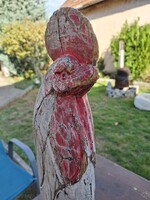 Rusztikus, kézzel faragott, festett kakas koma fából, néprajzi dekoráció, 50cm.