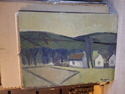 Kis István: "Hegyek és házak", Képcsarnok 1964, festmény, olaj, farost, 45x60 cm