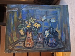 D.Borbély Gizella (1920-1994), "Két virág", Képcsarnok 1982, festmény, olaj, farost, 60x80 cm