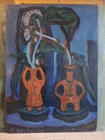 D.Borbély Gizella (1920-1994), "Két váza", Képcsarnok 1976, festmény, olaj, farost, 50x70 cm