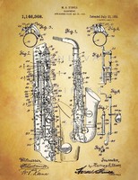 Régi szaxofon Stover 1915 klasszikus hangszer szabadalmi rajza nyomat komolyzene fúvós jazz zene kép