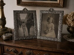 Régi  Nagyméretű Sterling Ezüst (925) Üvegezett Képkeret Pár,Mahagóni Fa Hátoldallal. 38 x 27 cm.