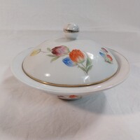 KŐPORC Kőbányai Porcelán fedeles tál, tulipános, 10x16,5 cm