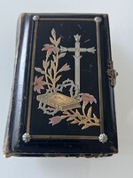 Antik imádságos könyv ezüst és rézveretes borítóval, aranyozott lapszéllel, 11 x 8 cm