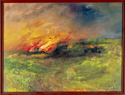 Oroszy Csaba (1967): Tűz a mezőn, 1992 - olajfestmény 63,5 X 83 cm
