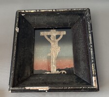 Antik dombornyomott szentkép / Keresztrefeszítés (kb. 1900) eredeti keretben