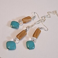 Porcelain Earrings and Pendant with Turquoise Inlay, Silver-plated Chain