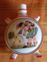 Zsolnay clay children pattern, shield hallmark, signed porcelain flask