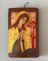 • Kézzel festett és karcolt Mária ikon fán (18x11 cm) – COOP Delta Tulcea 1991, gyári címkével