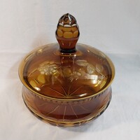 Antique Large Czech Amber Cut Glass Bonbonnière with Lid – 21x19.5 cm