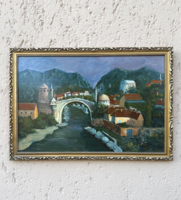Mostar, Old Bridge in Bosnia and Herzegovina – Labeled, Attractive Oil Painting (J. Korpács, 40x60 cm)