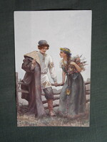 Képeslap,Sergey Solomko grafikai,művészet,férfi,lány,női modell,népviselet ruházat,romantika,1915-