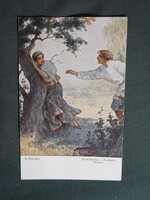 Képeslap,Sergey Solomko grafikai,művészet,férfi,lány,női modell,népviselet ruházat,romantika,1915-