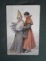 Képeslap,Sergey Solomko grafikai,művészet,férfi,lány,női modell,népviselet ruházat,romantika,1915-