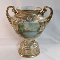 Antik Nippon kézzel festett porcelán váza – tájképes, aranyozott, 32,5x25 cm