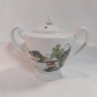 Retró tájképes porcelán cukortartó fedéllel – jelzett keleti, 13,5x19 cm