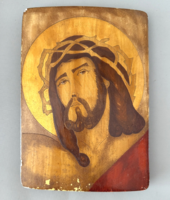 Kézzel festett és karcolt Jézus ikon fán (26,5x19,5 cm) – COOP Delta Tulcea 1991, gyári címkével
