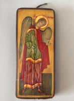 Kézzel festett retro fa ikon (25x11 cm) – Mihály arkangyal, COOP Delta Tulcea gyári címkével