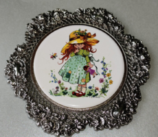 Darabár! KARÁCSONY! Jelzett Gisela Gottschlich festett porcelán kép fém rózsa keret tányér  dobozban