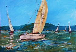 Painting - BÁNFI: Sailboats on Lake Balaton (oil, cardboard, 50x35 cm)