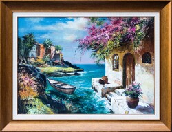 Adilov Alim: Egy öbölnyi nyugalom - tengerparti olajfestmény, 50×70 cm