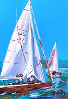 Painting - BÁNFI :SAILORS ON THE BALATON (oil, cardboard, 50x35 cm)