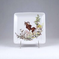 2B532 Hollóházi porcelán dísztál muflon díszítéssel 13 x 13 cm