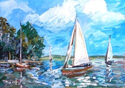 Painting - BÁNFI: Sailboats on Lake Balaton (oil, cardboard, 50x35 cm)