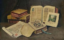 Lakos Alfréd (1870-1961) Asztalon heverő könyvek - rézlemezből készült keretben