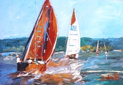 Painting - BÁNFI: Sailboats on Lake Balaton (oil, cardboard, 50x35 cm)