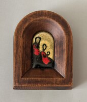 Iparművészeti tűzzománc falikép - Szent Család / Ikon tömörfa keretben (15x12 cm) 1980-as évek