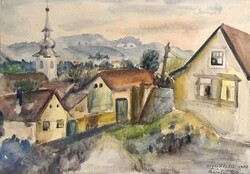Barabás Klára: Öreg falu templomtoronnyal (Nógrád), 1958