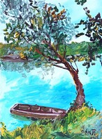 Painting - BÁNFI: THE LONELY BOAT (oil, cardboard, 50x35 cm)