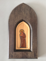 Horváth Béla (Népművészet Mestere) – Intarziás Madonna falikép (27,5x14,5 cm) – Eredeti címkével!