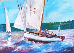 Painting - BÁNFI: Sailboats on Lake Balaton (oil, cardboard, 50x35 cm)