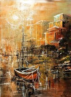 "KIKÖTŐ rézvörösben,kis arannyal" 50x 70 cm akril+réz-aranyfüst tecnika.feszített vászon