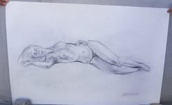 Béla Czene: Reclining Nude (1968) – Large, Tonal Pencil Drawing with Hungarian National Gallery Seal